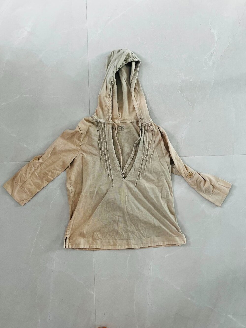 GAP Sunkissed Wash Beige Hooded Pullover Top 100% Cotton Roll Tab (Size M)